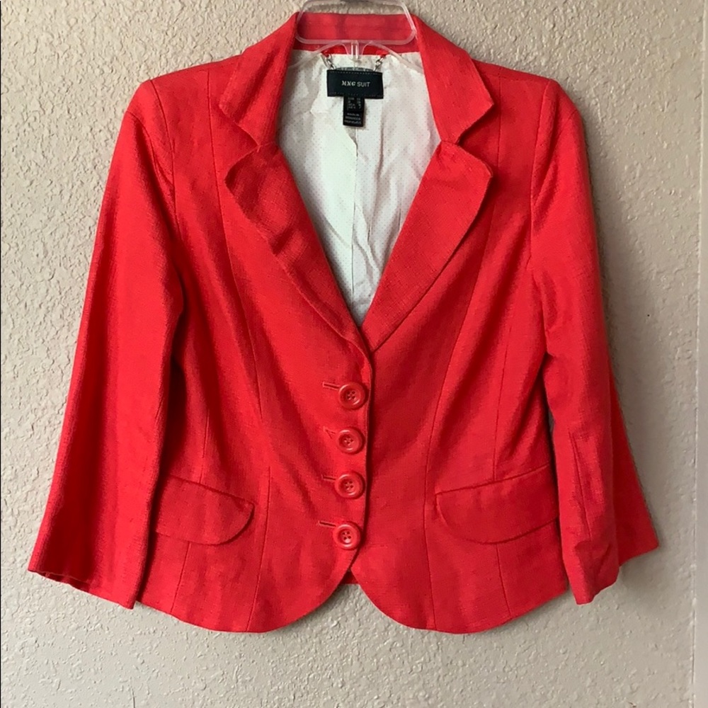 MNG suit.  Bright red button up blazer.